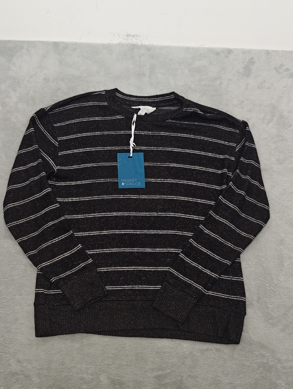 Market & Spruce Men's Charcoal Crewneck Sweater with Light Gray Stripes